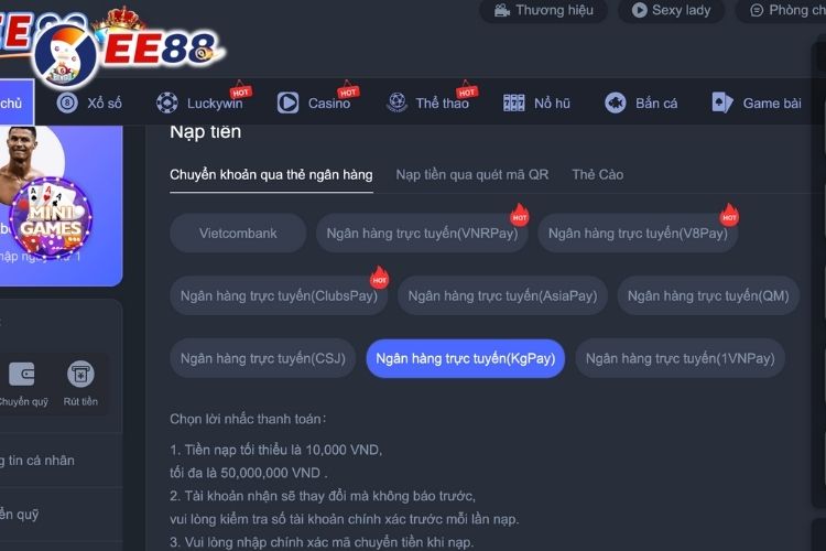 Nạp tiền EE88 qua ngân hàng trực tuyến KgPay