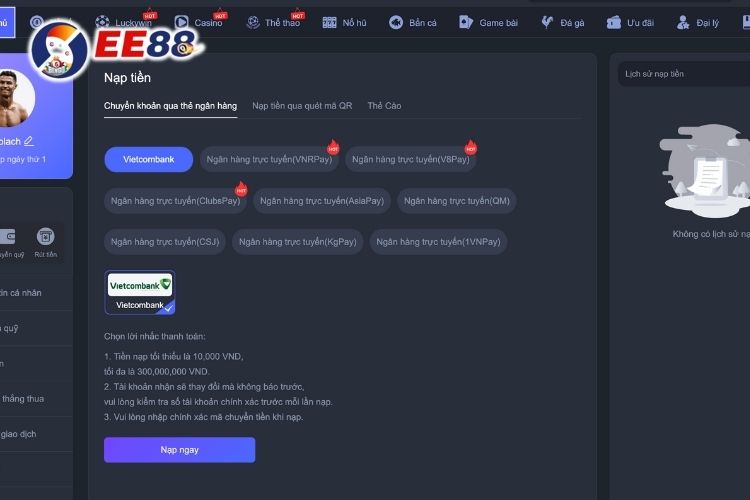 Nạp trực tiếp thông qua tài khoản Vietcombank tại EE88