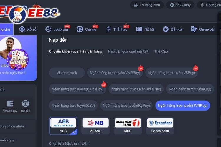 EE88 nạp tiền qua ngân hàng trực tuyến 1VNPay