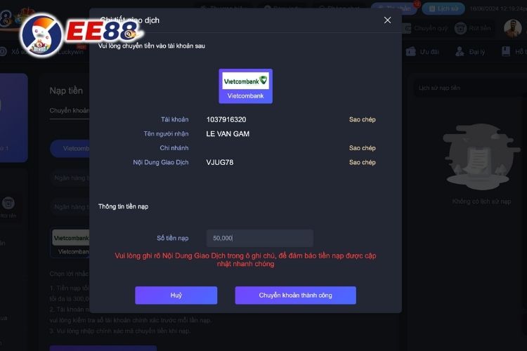 Hoàn tất quy trình EE88 nạp tiền bằng tài khoản Vietcombank